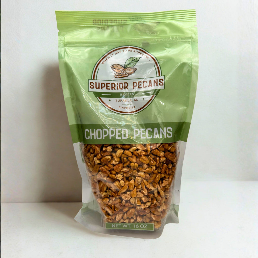 Bag of chopped pecans with 'Superior Pecans' branding on a white background